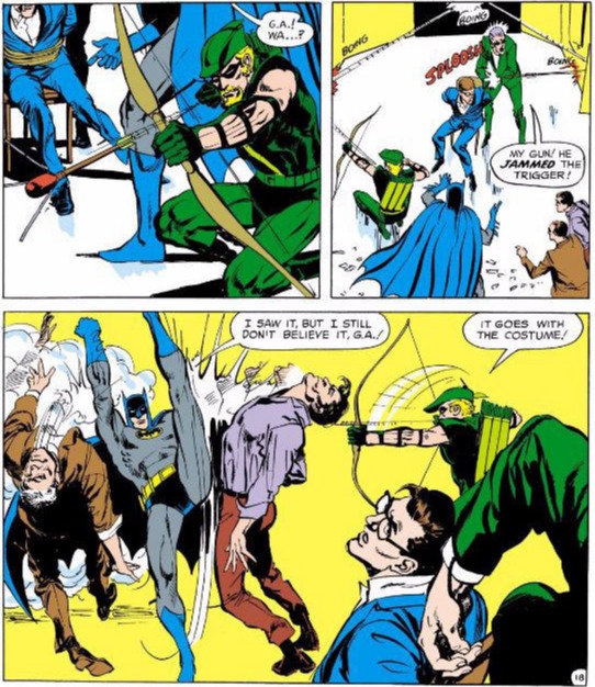 Batman is impressed by Green Arrow's trick shots. Script by Bob Haney and art by Neal Adams