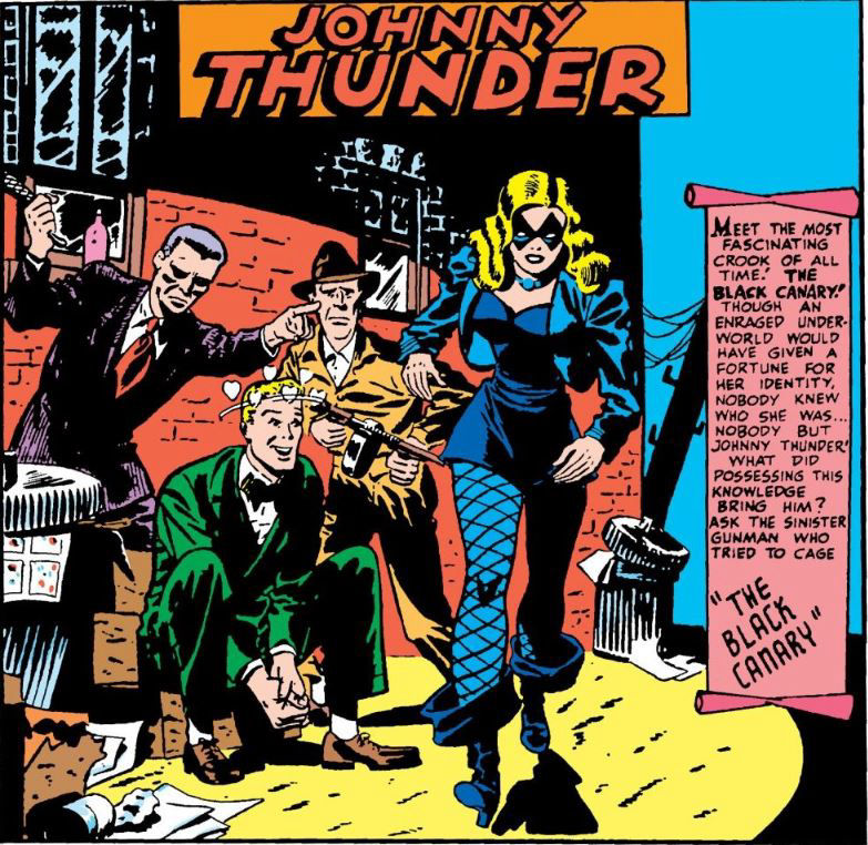 Black Canary's first appearance in Johnny Thunder's feature in Flash Comics #87, art by Carmine Infantino and Joe Giella
