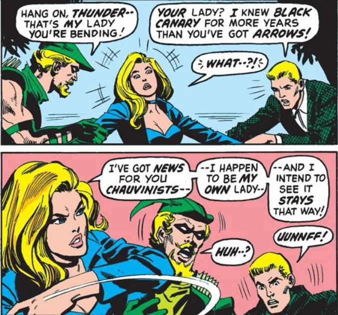 Black Canary has had enough of Green Arrow and Johnny Thunder's chauvinistic nonsense, art by Dick Dillin