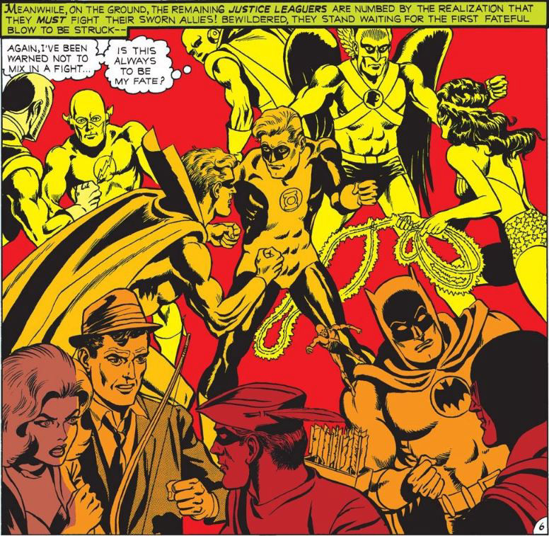 The Justice League faces a mind-controlled Justice Society, written by Denny O'Neil, art by Dick Dillin and Sid Greene