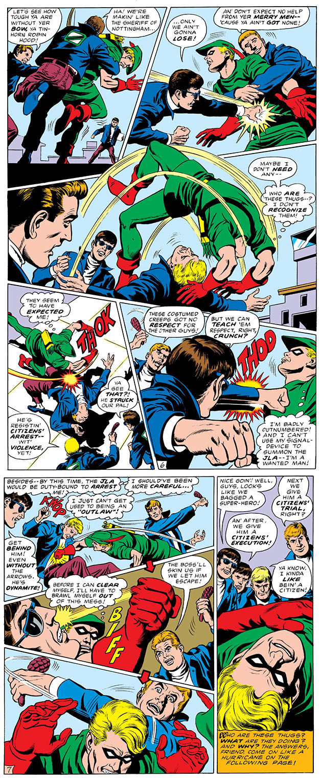 Green Arrow fights in JLA #69 by Denny O'Neil, Dick Dillin and Sid Greene
