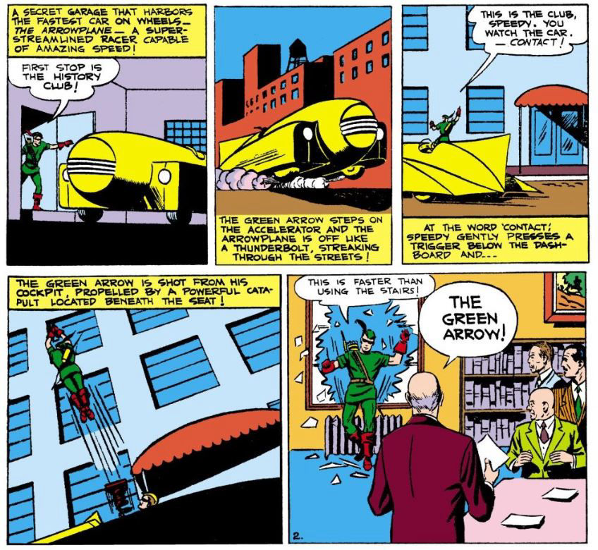 The Arrowplane and its catapult from More Fun Comics #73, story by Mort Weisinger, art by George Papp