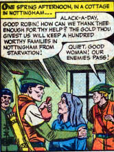 Robin Hood gives to the poor in The Menace of the Royal Assassins in Robin Hood Tales #5, Quality Comics, 1956. Art by Matt Baker and Chuck Cuidera.