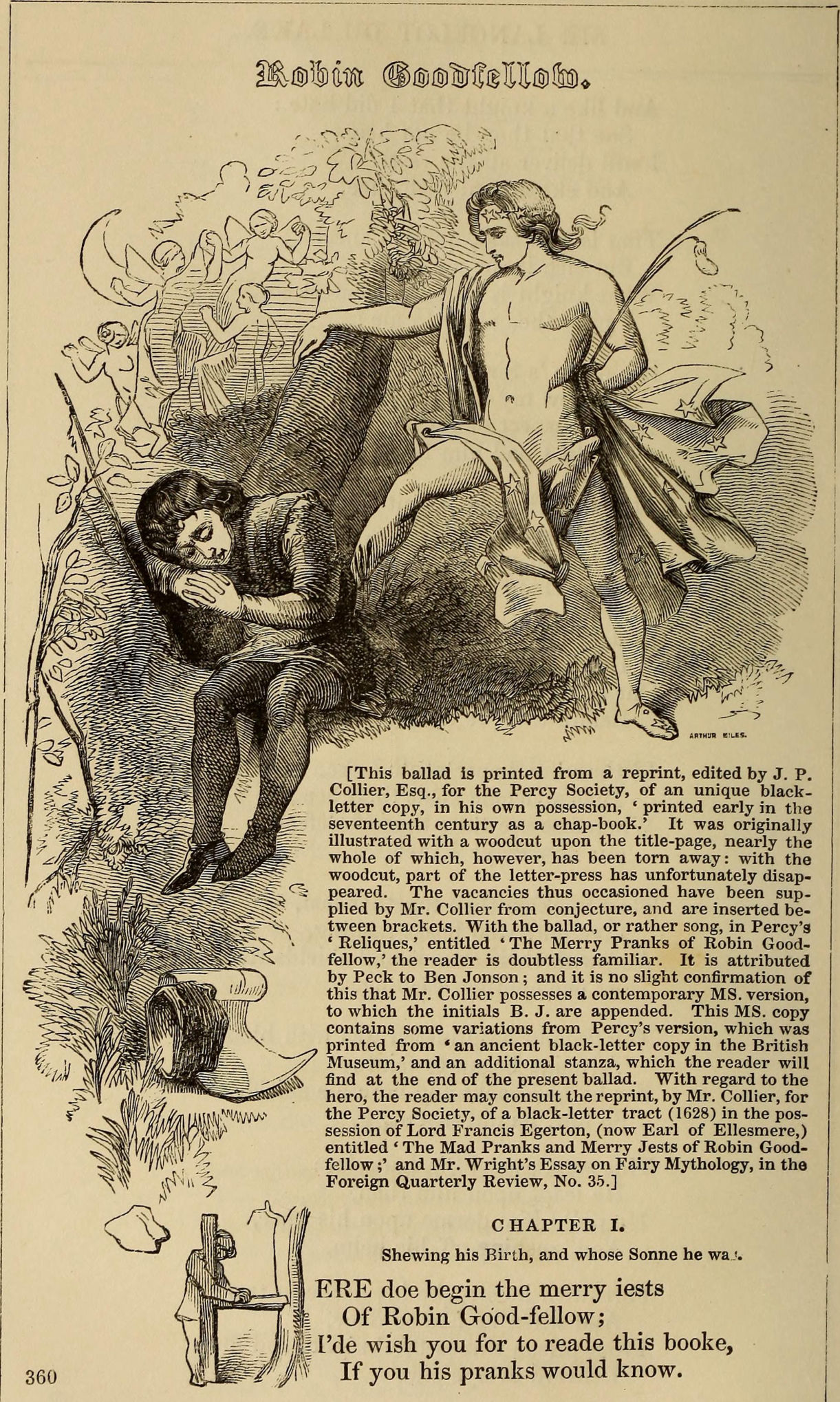 First page with illustration of the Robin Goodfellow ballad from The Pictoral Book of Ancient Ballad Poetry of Great Britain, Historical, Traditional, and Romantic