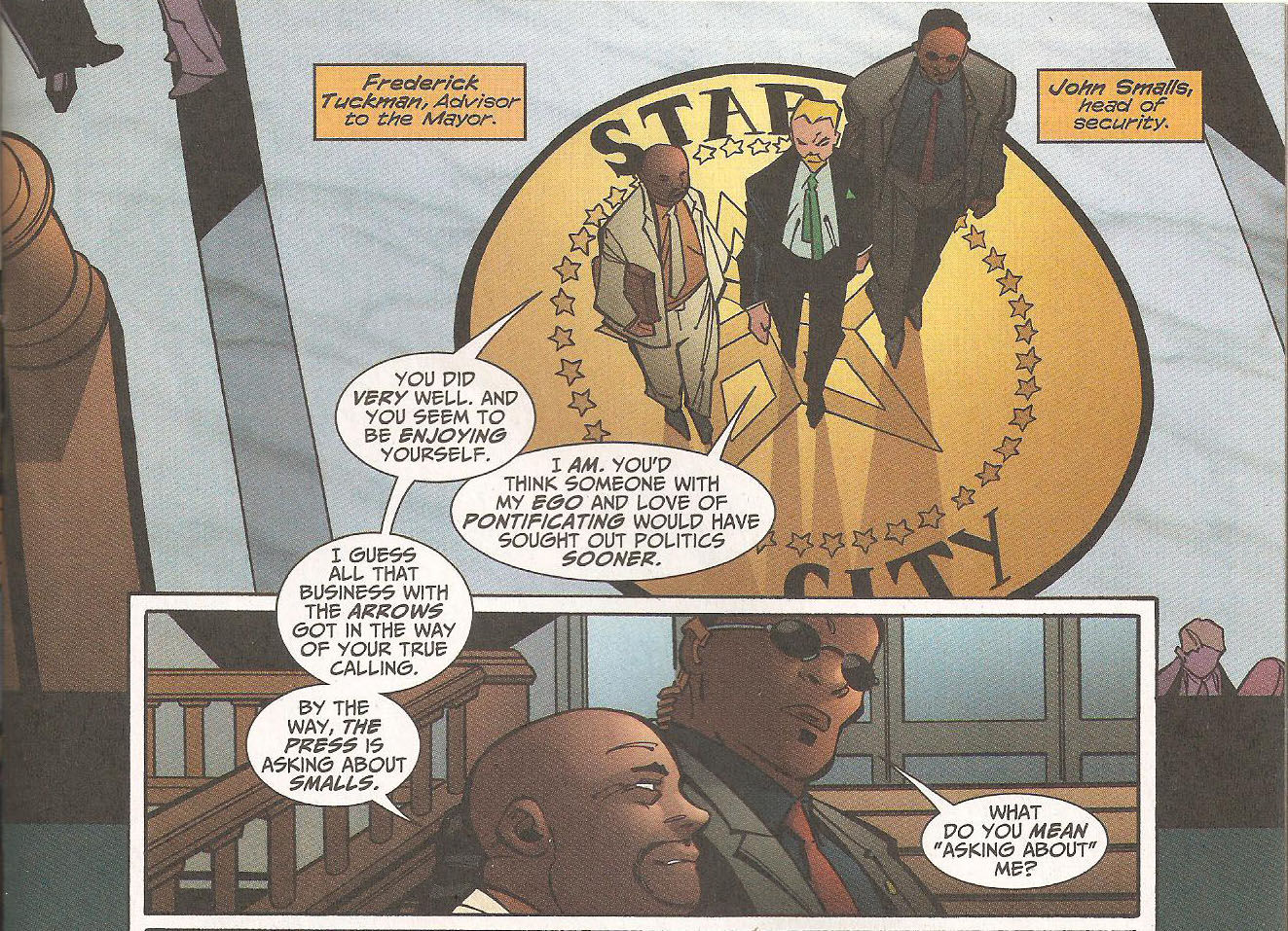 Mayor Oliver Queen with John Smalls and Frederick Tuckman from Green Arrow vol. 3 #61