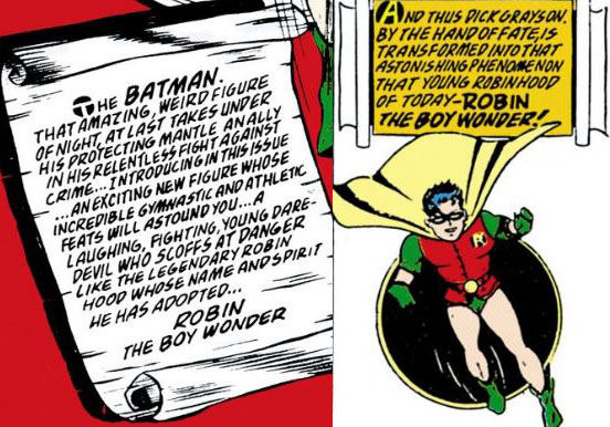 Sections of Robin the Boy Wonder's first appearance that call out his Robin Hood connections. Script by Bill Finger, art by Bob Kane and Jerry Robinson