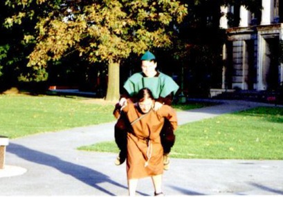 Robin on the Friar's back from the 1997 production of Robin Hood and the Friar