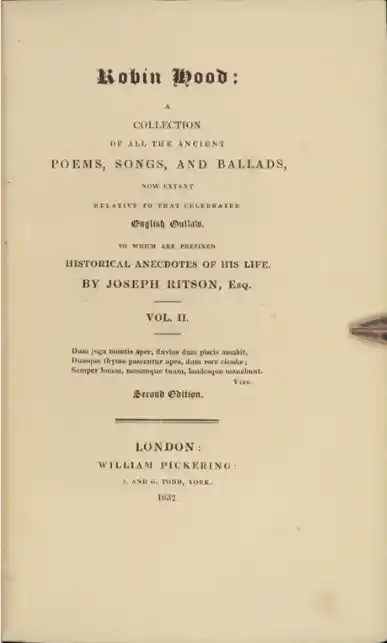Title page to the 1832 edition of Ritson's Robin Hood edited by his nephew Joseph Frank