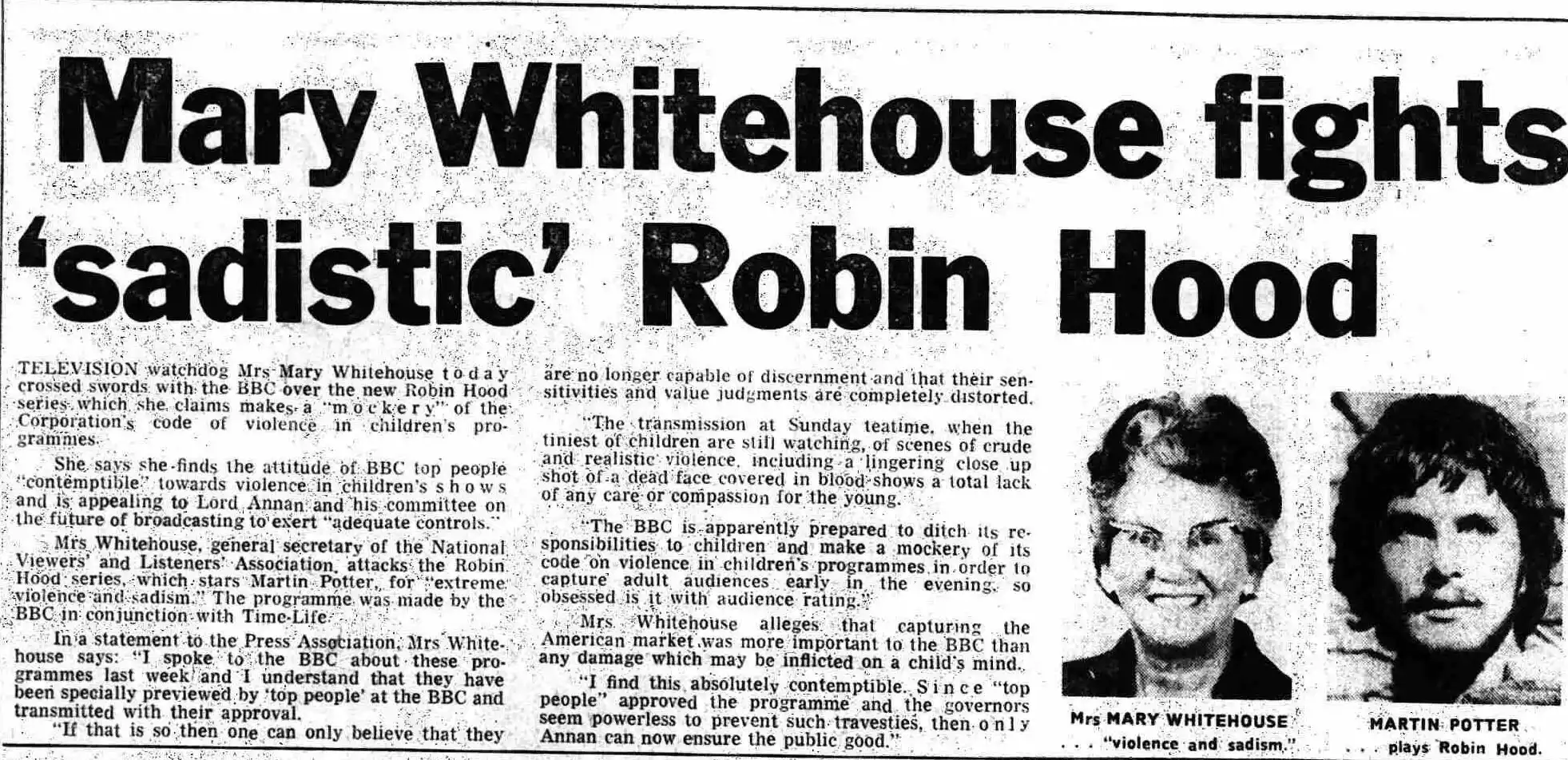 Mary Whitehouse fights sadistic Robin Hood - headline of the Aberdeen Evening Express, Dec. 22, 1975