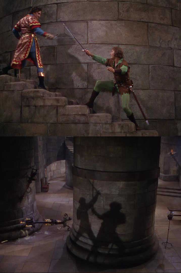 Errol Flynn on the staircase and then the reflected shadow